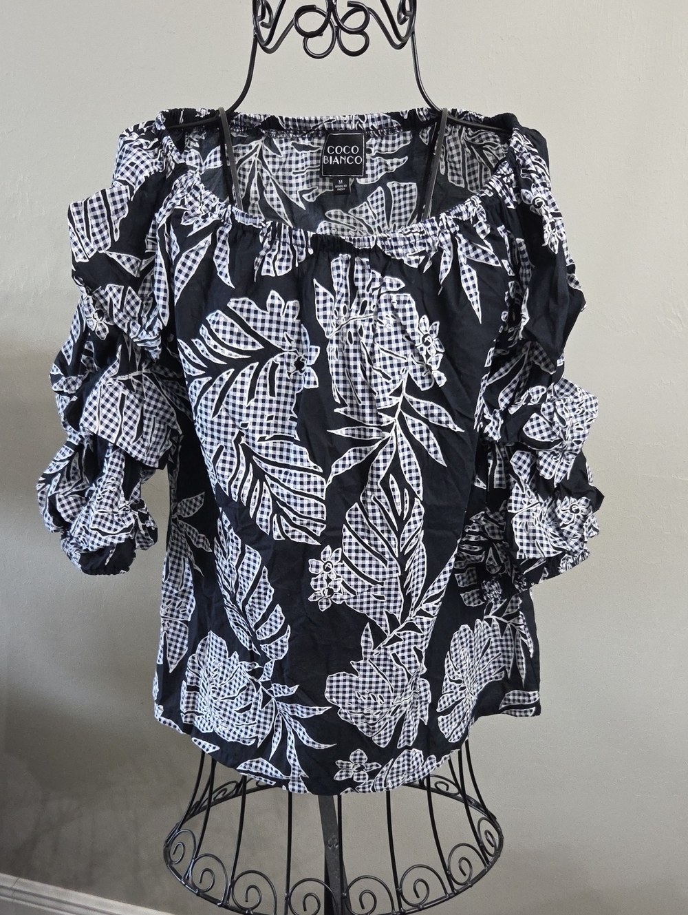 Coco Bianco Black & White Gingham Leaf Off-Shoulder Top